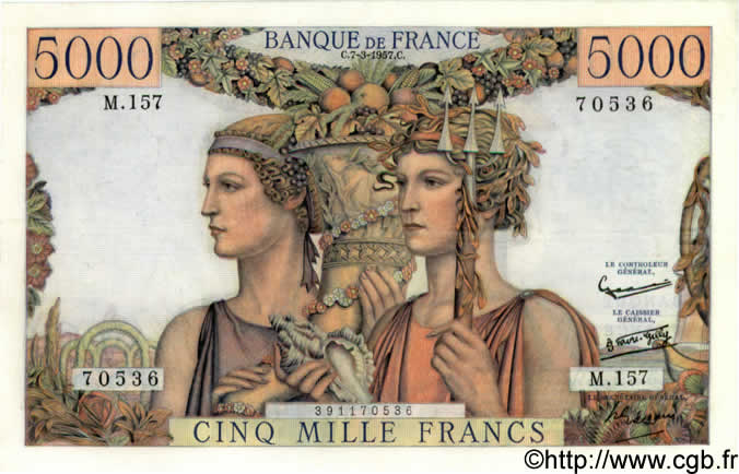 5000 Francs TERRE ET MER FRANCE  1957 F.48.13 SUP+