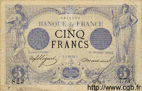 5 Francs NOIR FRANCE  1872 F.01.02 pr.TB