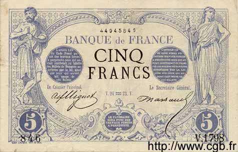 5 Francs NOIR FRANCE  1873 F.01.14 pr.TTB