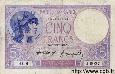 5 Francs FEMME CASQUÉE FRANCE  1920 F.03.04 pr.TB