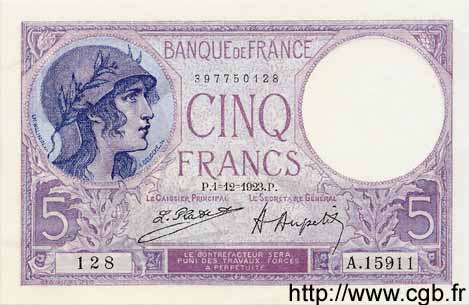 5 Francs FEMME CASQUÉE FRANCE 1923 F.03.07 SPL