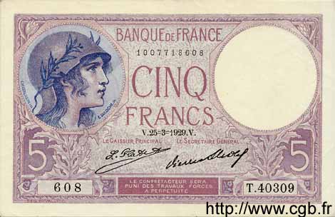 5 Francs FEMME CASQUÉE FRANCE  1929 F.03.13 SUP