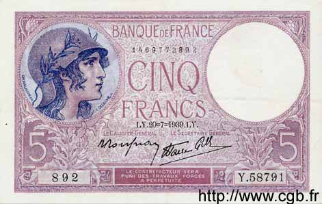 5 Francs FEMME CASQUÉE modifié FRANCE  1939 F.04.02 SUP