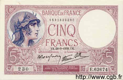 5 Francs FEMME CASQUÉE modifié FRANCE  1939 F.04.10 pr.NEUF