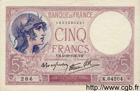 5 Francs FEMME CASQUÉE modifié FRANCE  1939 F.04.11 SUP+