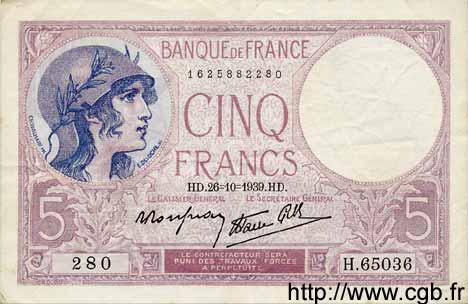 5 Francs FEMME CASQUÉE modifié FRANCE  1939 F.04.13 TTB+