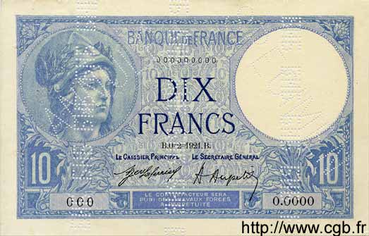 10 Francs MINERVE FRANCE  1921 F.06.05Sp SUP
