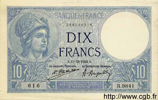 10 Francs MINERVE FRANCE  1922 F.06.06 SUP+