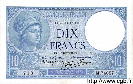 10 Francs MINERVE modifié FRANCE  1939 F.07.12 pr.SUP