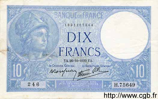 10 Francs MINERVE modifié FRANCE  1939 F.07.13 TTB à SUP