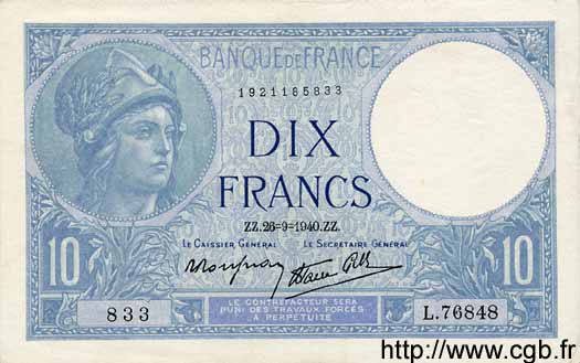 10 Francs MINERVE modifié FRANCE  1940 F.07.15 SUP