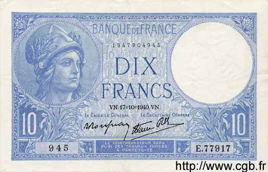 10 Francs MINERVE modifié FRANCE  1940 F.07.17 SUP+