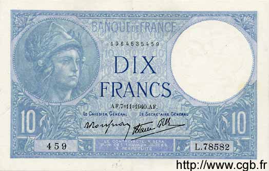 10 Francs MINERVE modifié FRANCE  1940 F.07.19 SPL