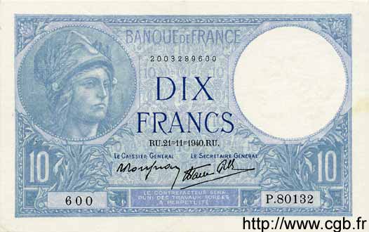 10 Francs MINERVE modifié FRANCE  1940 F.07.21 pr.SPL