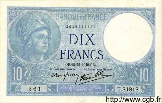 10 Francs MINERVE modifié FRANCE  1940 F.07.24 SUP+