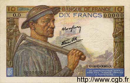 10 Francs MINEUR FRANCE  1941 F.08.01Sp2 SUP