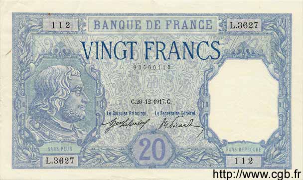 20 Francs BAYARD FRANCE  1917 F.11.02 pr.SUP