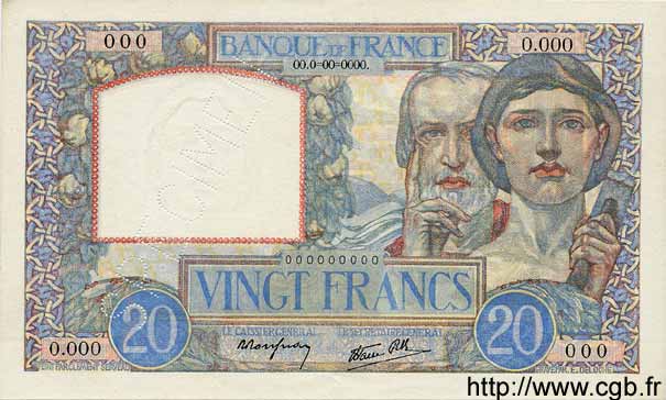 20 Francs TRAVAIL ET SCIENCE FRANCE  1939 F.12.01Sp SPL
