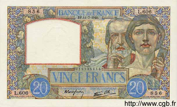 20 Francs TRAVAIL ET SCIENCE FRANCE  1940 F.12.04 SUP+