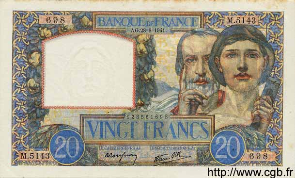 20 Francs TRAVAIL ET SCIENCE FRANCE  1941 F.12.17 SUP+