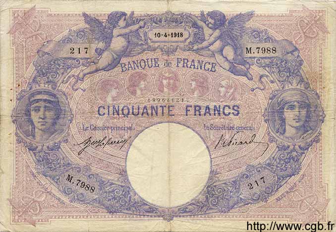 50 Francs BLEU ET ROSE FRANCE  1918 F.14.31 TB