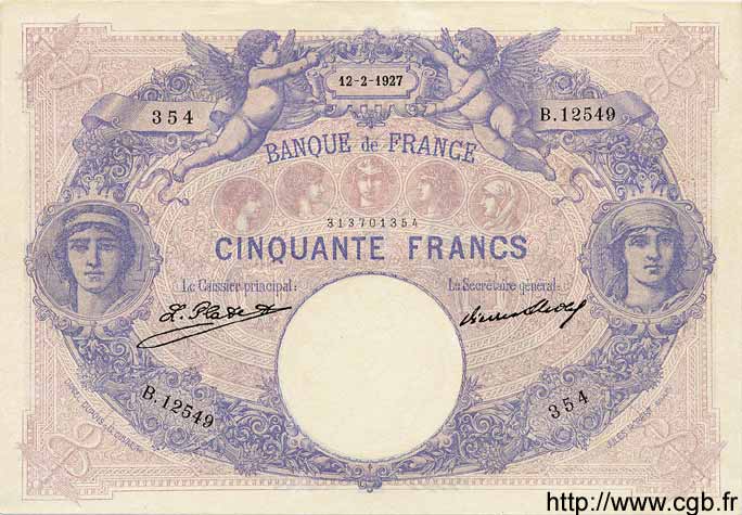 50 Francs BLEU ET ROSE FRANCE  1927 F.14.40 pr.SUP