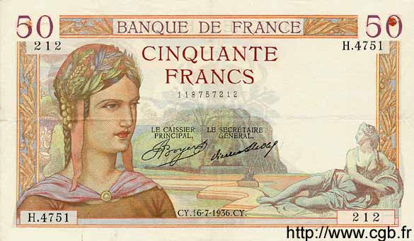 50 Francs CÉRÈS FRANCE  1936 F.17.28 TTB+