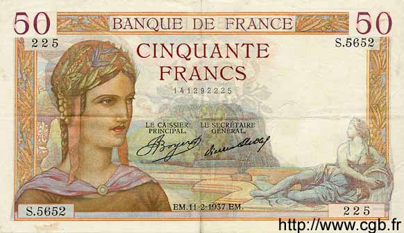 50 Francs CÉRÈS FRANCE  1937 F.17.34 SUP