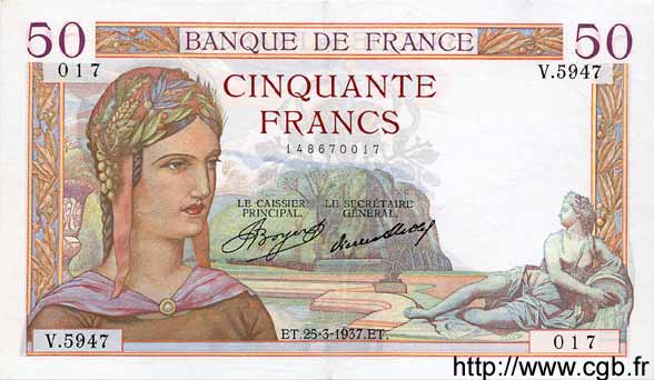 50 Francs CÉRÈS FRANCE  1937 F.17.36 SUP à SPL