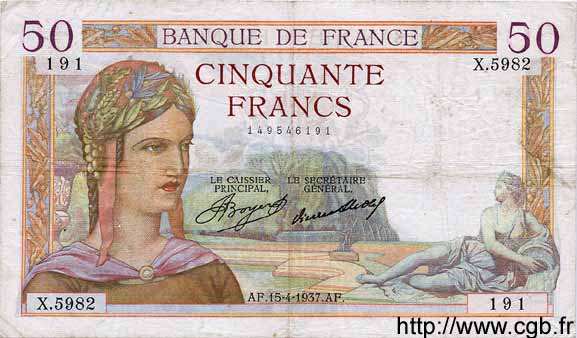 50 Francs CÉRÈS FRANCE  1937 F.17.37 TB+