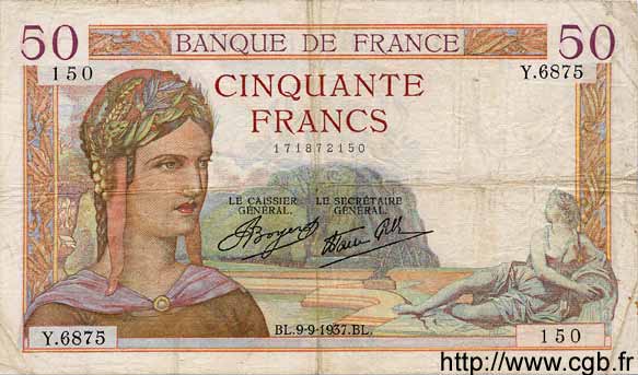 50 Francs CÉRÈS modifié FRANCE  1937 F.18.03 TB+