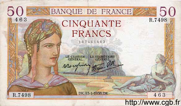 50 Francs CÉRÈS modifié FRANCE  1938 F.18.07 TTB
