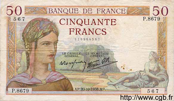50 Francs CÉRÈS modifié FRANCE  1938 F.18.16 TTB