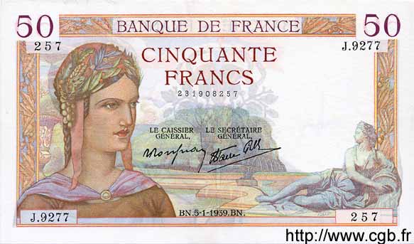 50 Francs CÉRÈS modifié FRANCE  1939 F.18.19 SPL+