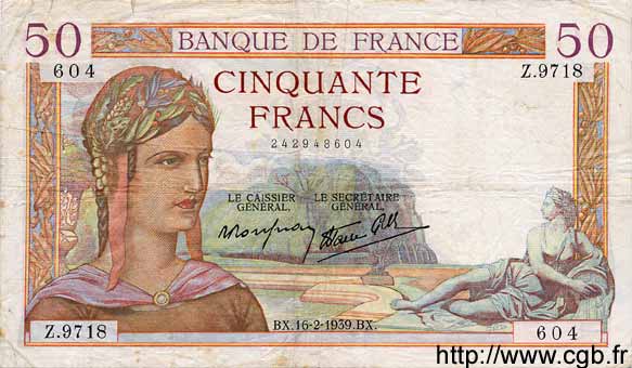 50 Francs CÉRÈS modifié FRANCE  1939 F.18.22 TB+