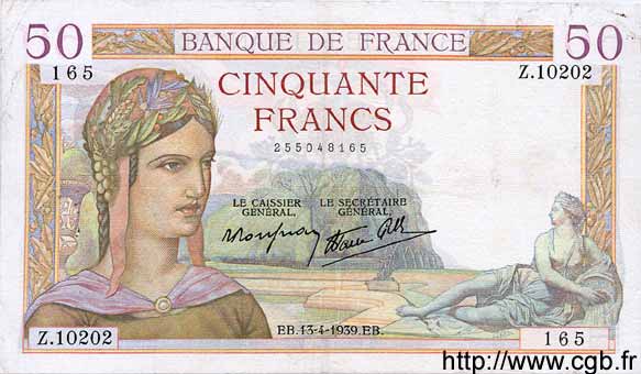 50 Francs CÉRÈS modifié FRANCE  1939 F.18.25 TB+