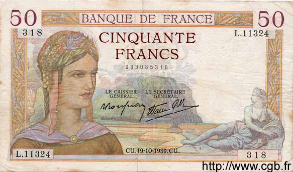 50 Francs CÉRÈS modifié FRANCE  1939 F.18.33 pr.TTB