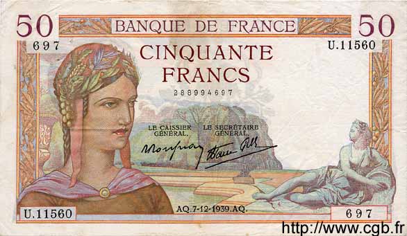 50 Francs CÉRÈS modifié FRANCE  1939 F.18.35 TTB