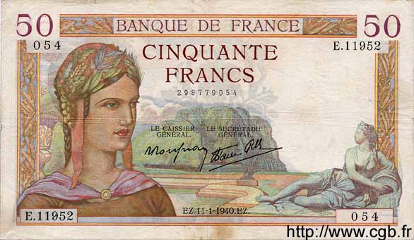 50 Francs CÉRÈS modifié FRANCE  1940 F.18.37 TB
