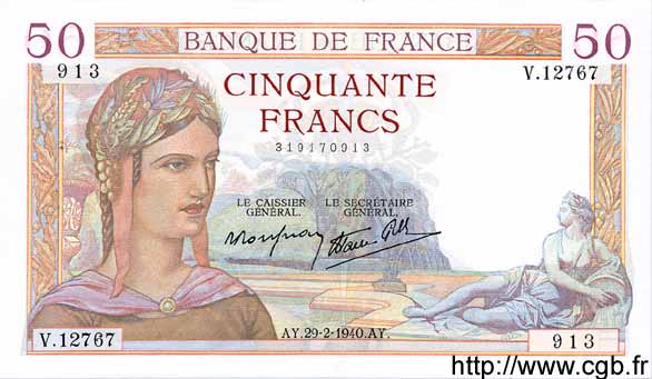 50 Francs CÉRÈS modifié FRANCE  1940 F.18.40 pr.SUP
