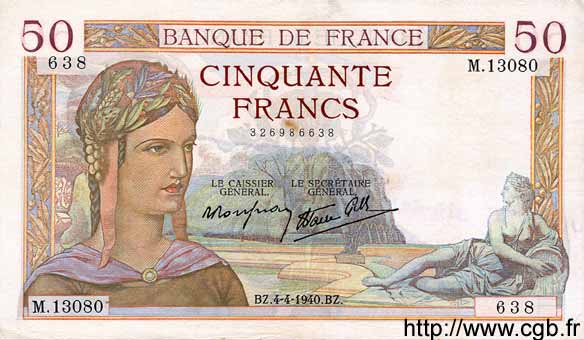 50 Francs CÉRÈS modifié FRANCE  1940 F.18.42 TTB+