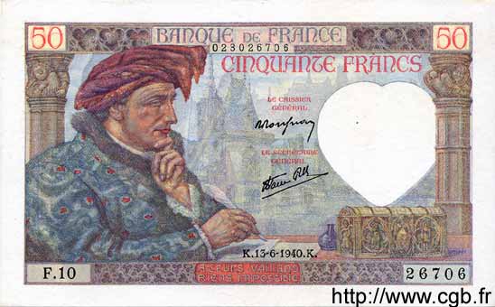 50 Francs JACQUES CŒUR FRANCE  1940 F.19.01 TTB à SUP