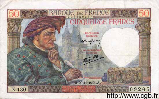 50 Francs JACQUES CŒUR FRANCE  1941 F.19.16 TTB+