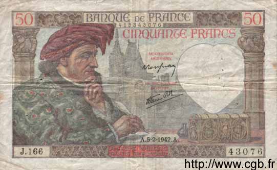 50 Francs JACQUES CŒUR FRANCE  1942 F.19.19 TB+