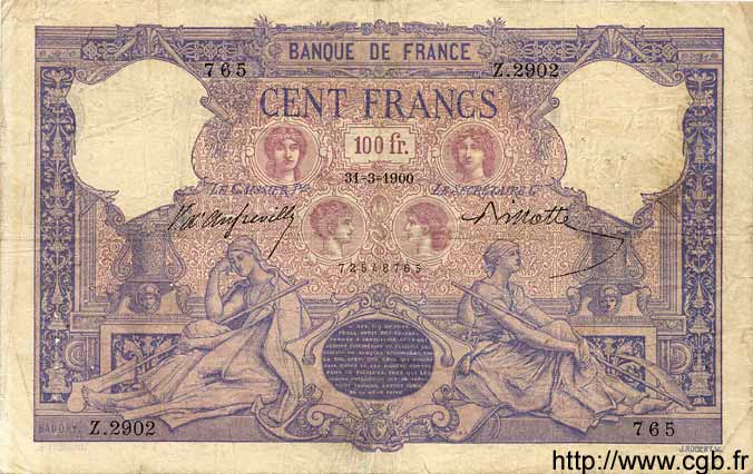 100 Francs BLEU ET ROSE FRANCE  1900 F.21.13 TB