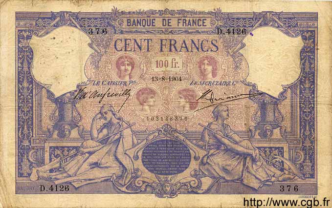100 Francs BLEU ET ROSE FRANCE  1904 F.21.18 pr.TB
