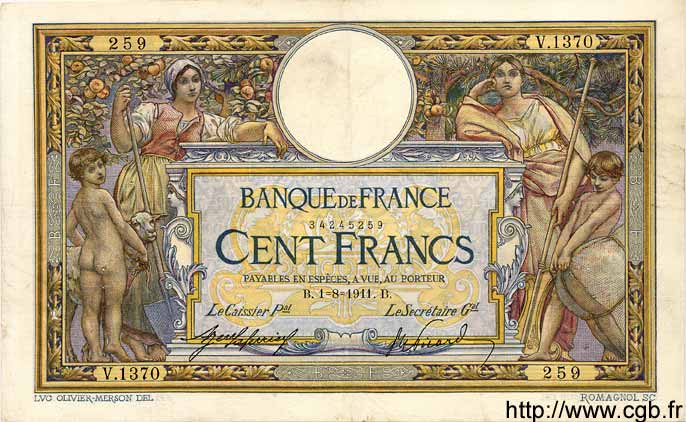 100 Francs LUC OLIVIER MERSON sans LOM FRANCE  1911 F.23.03 pr.TTB