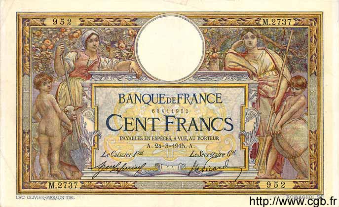 100 Francs LUC OLIVIER MERSON sans LOM FRANCE  1915 F.23.07 TTB+