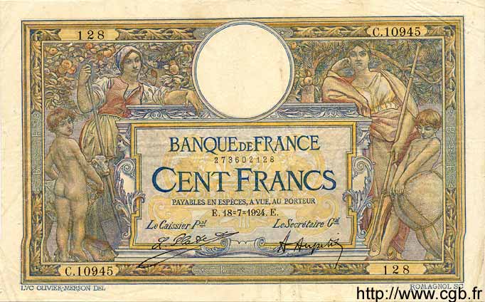 100 Francs LUC OLIVIER MERSON grands cartouches FRANCE  1924 F.24.02 pr.TTB
