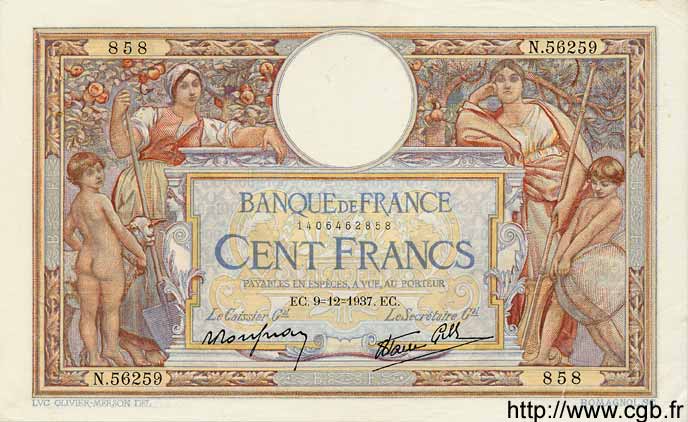 100 Francs LUC OLIVIER MERSON type modifié FRANCE  1937 F.25.05 pr.SUP